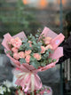 Bouquet of 15 Peach Roses with Eucalyptus