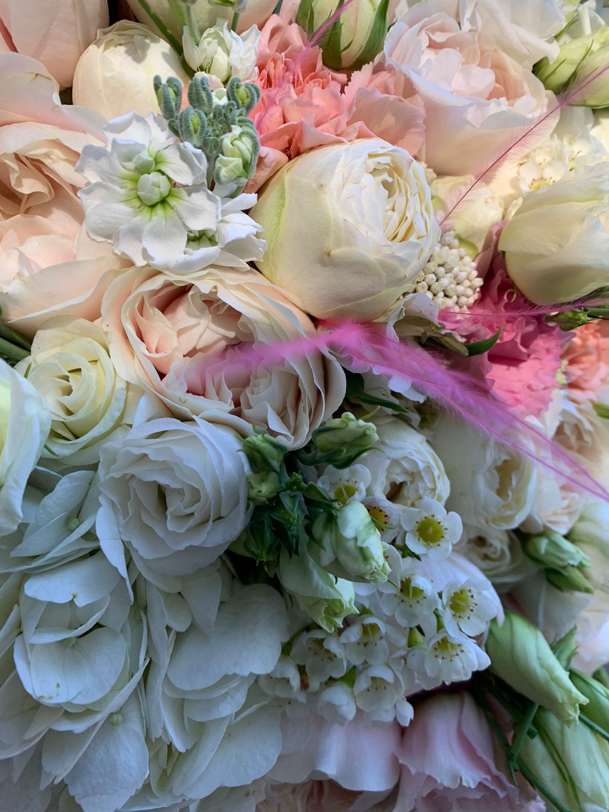 • Eustoma elegantă
• Trandafiri garden
• Bujori opulenți
• Hortensii voluminoase
• Matthiola parfumată 
• Eucalipt silver
• Rice flower decorativ