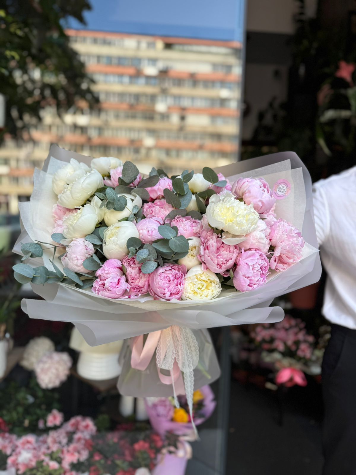 Buchet Premium cu 33 Bujori Roz și Albi cu Eucalipt